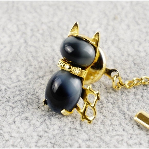 HOB & Co Cat Jelly Belly Cabochon Tie Tack Gray/Black Tiger Eye Like Gold Tone - Picture 11 of 11